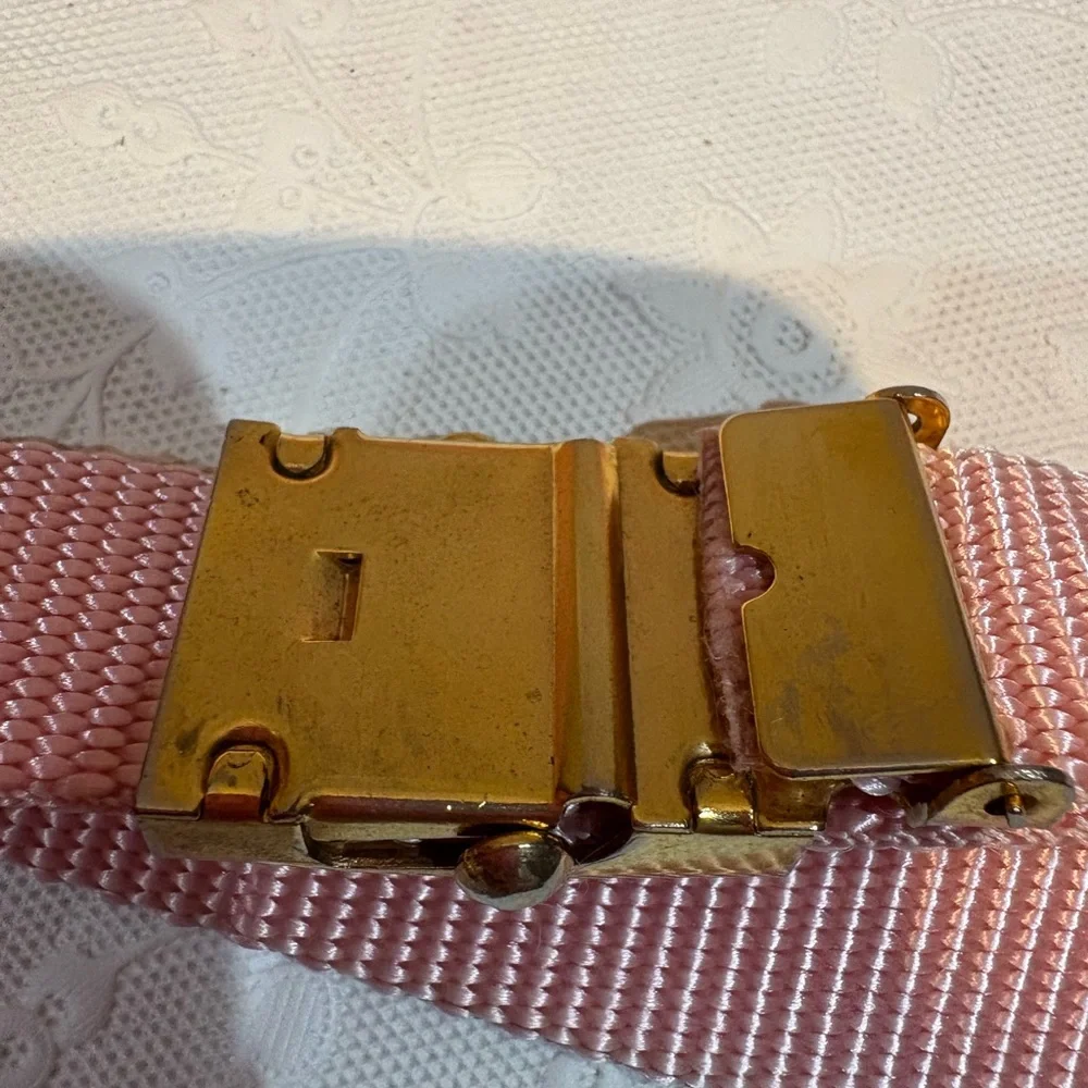 Yves Saint Laurent Vintage Gold Belt Buckle with Pink Woven Strap